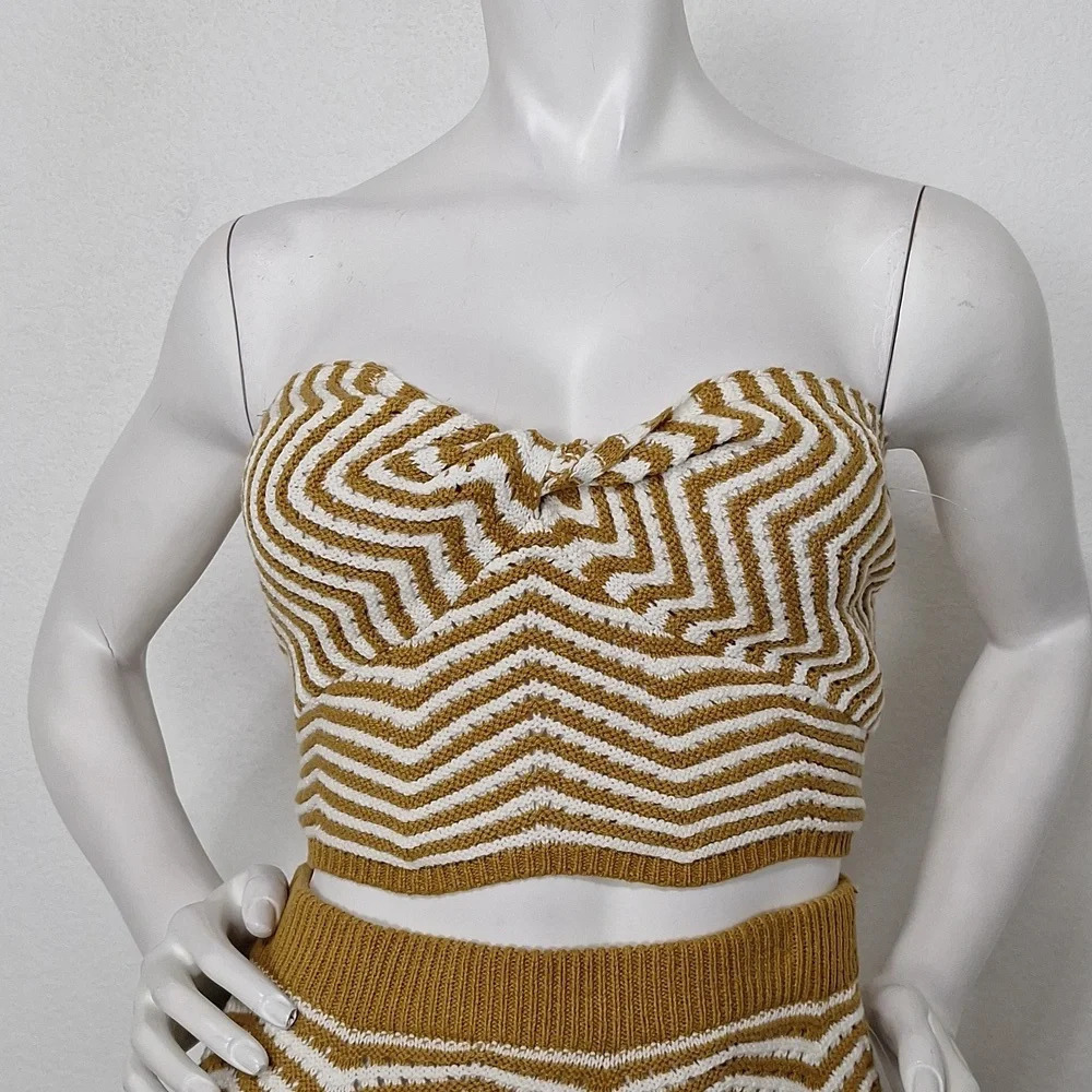 Willow & Wind "NEW" 70's Tan White Bohemian Knit Midi Hippie Skirt & Top Set *M - Picture 2 of 9
